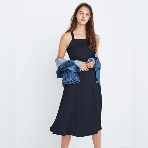 Madewell Elegant cross back Black midi Dress new with tags flowy - Picture 1 of 14